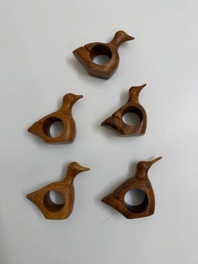 Hand Carved Warm Brown Wooden Duck Napkin Rings - Set of 5